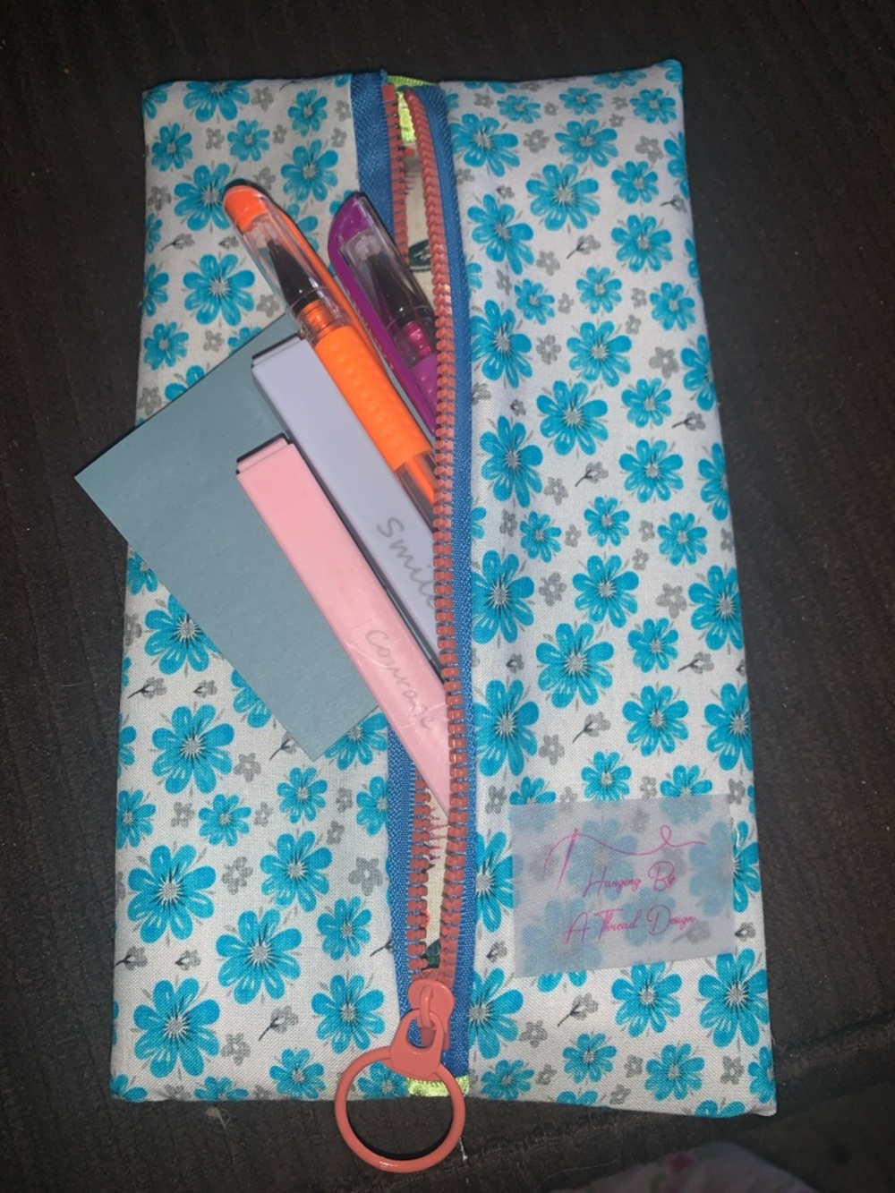 Floral Blue Cotton Pencil Case with Coral Zipper - Picture 2 of 8